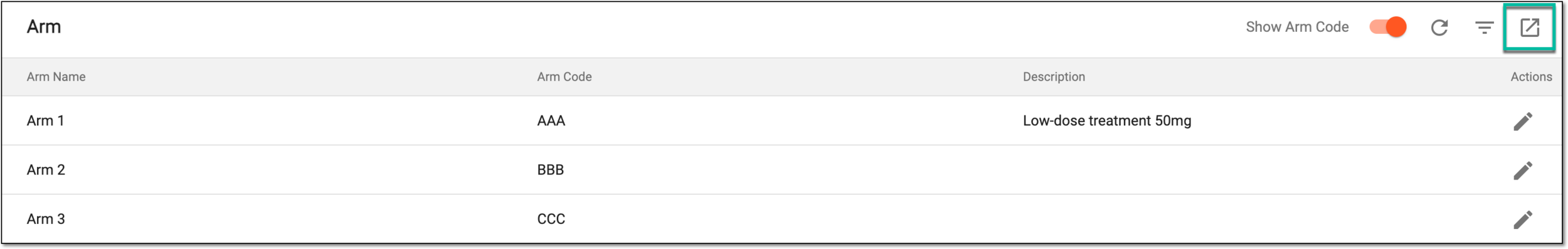 Selecting to export arm details