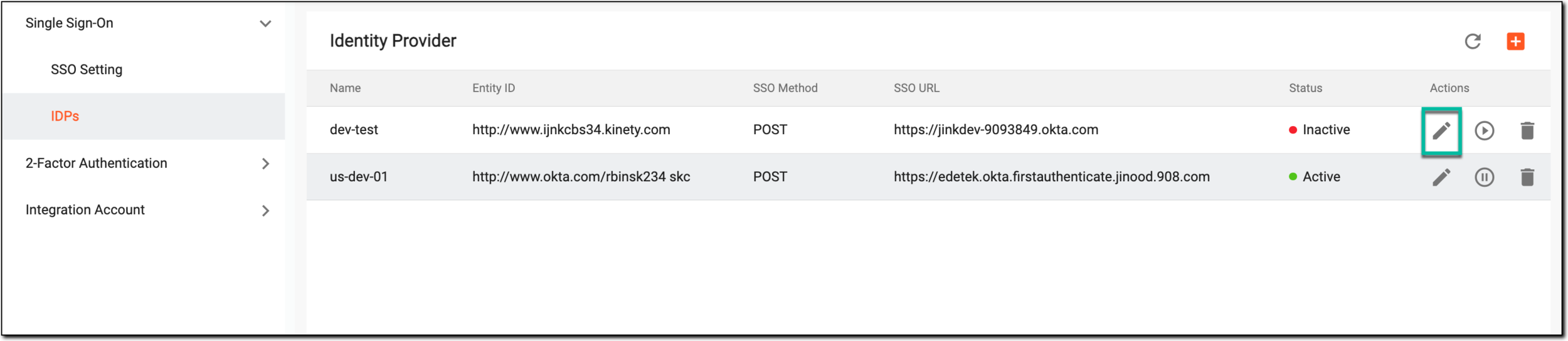 Selecting to edit identity provider