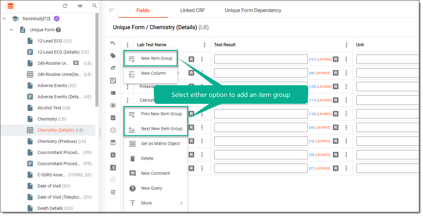 Selecting option to add item group