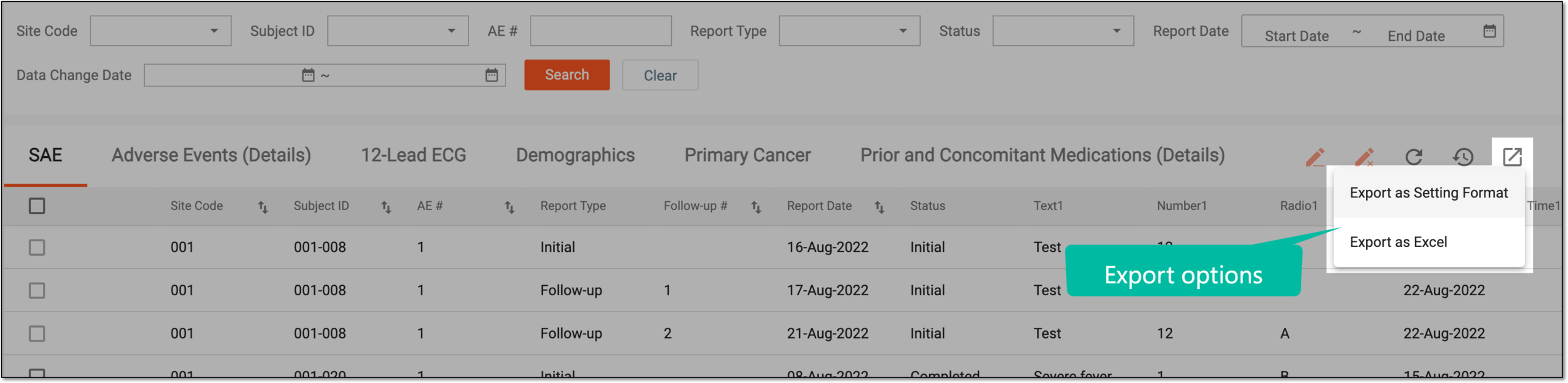 Selecting export options