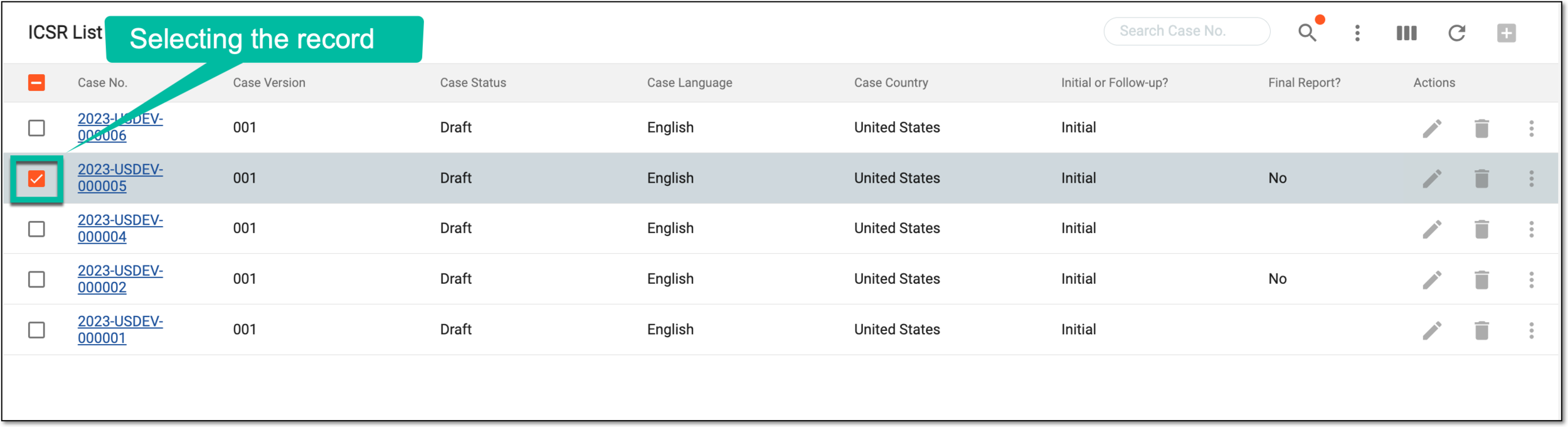 Selecting record to export