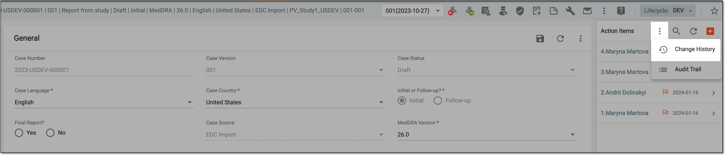 Selecting to view action items change history