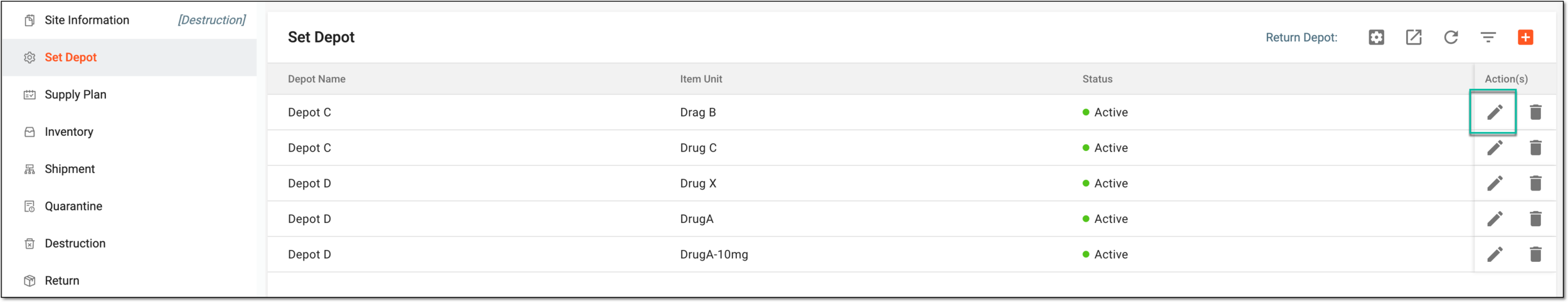 Selecting to edit supply depot details