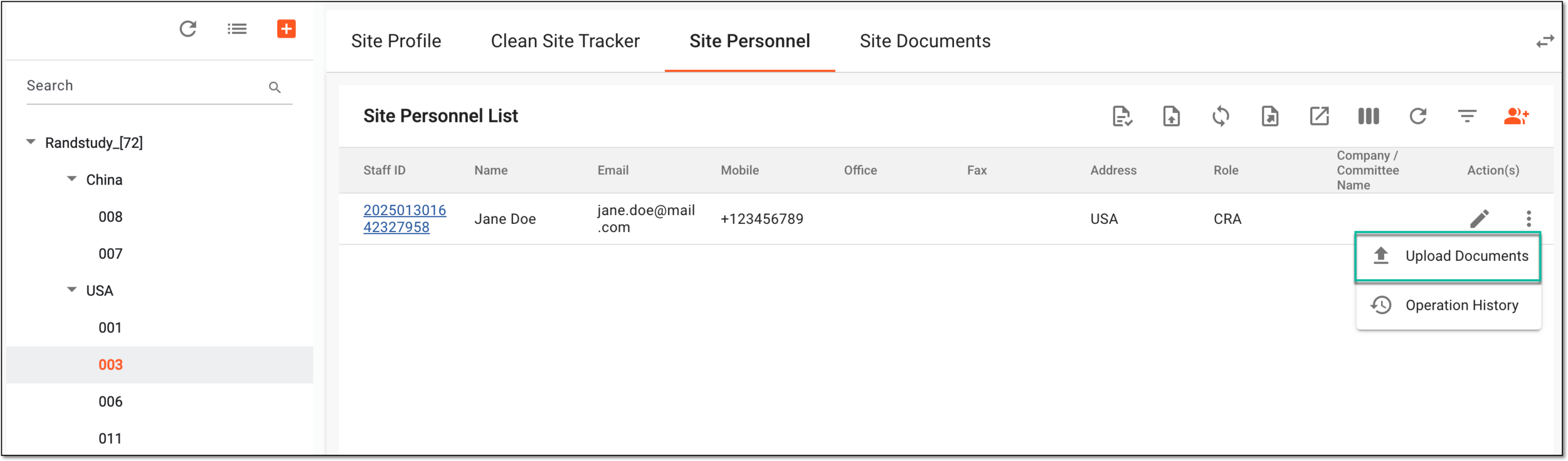 Accessing option to upload site personnel documents