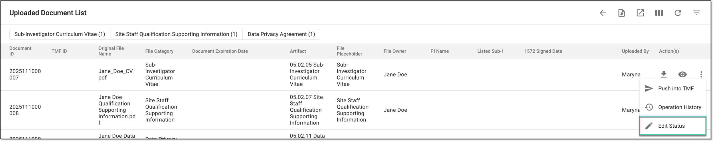 Selecting option to change status for site personnel document