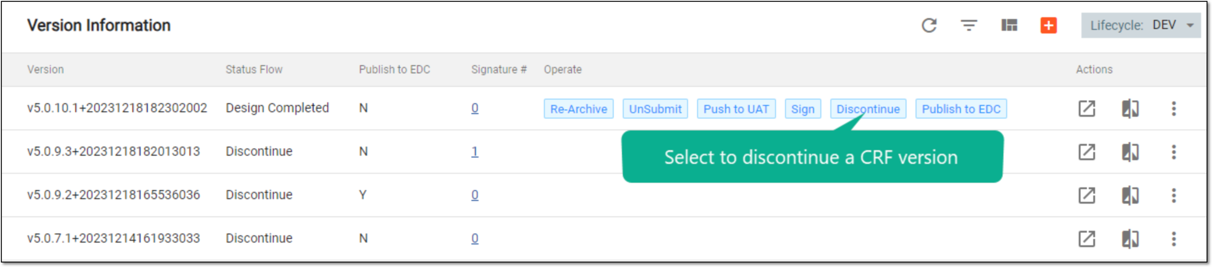 Selecting to discontinue CRF version
