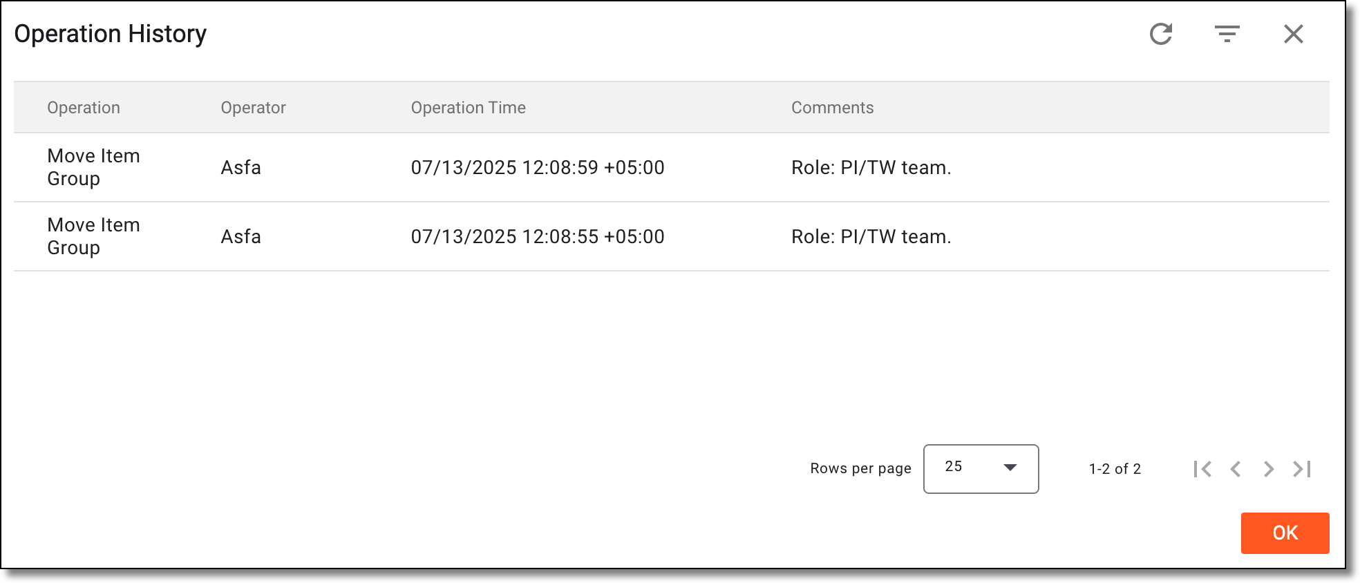 Analyzing operation history of grid form row