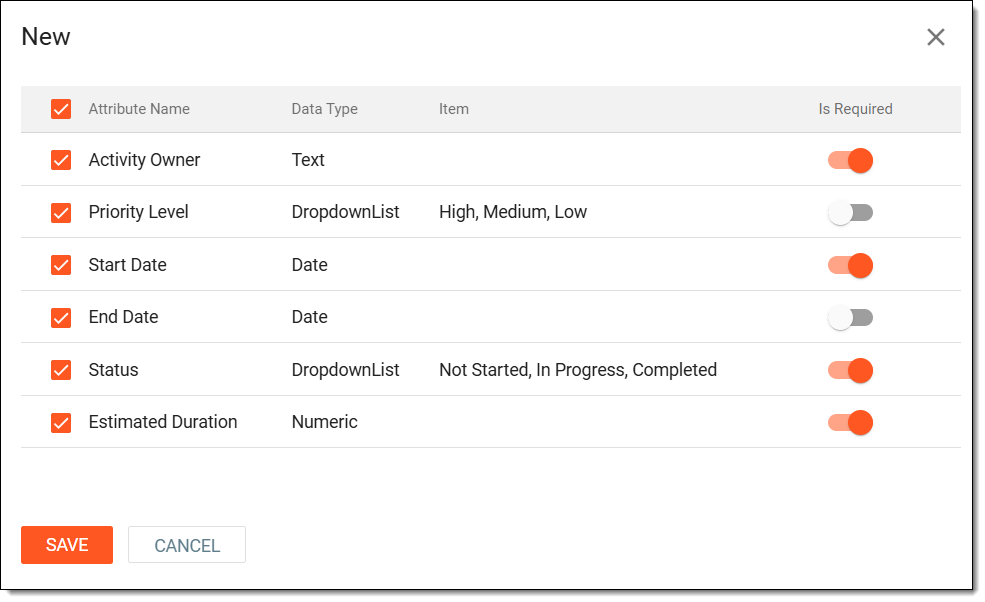 Selecting activity attributes