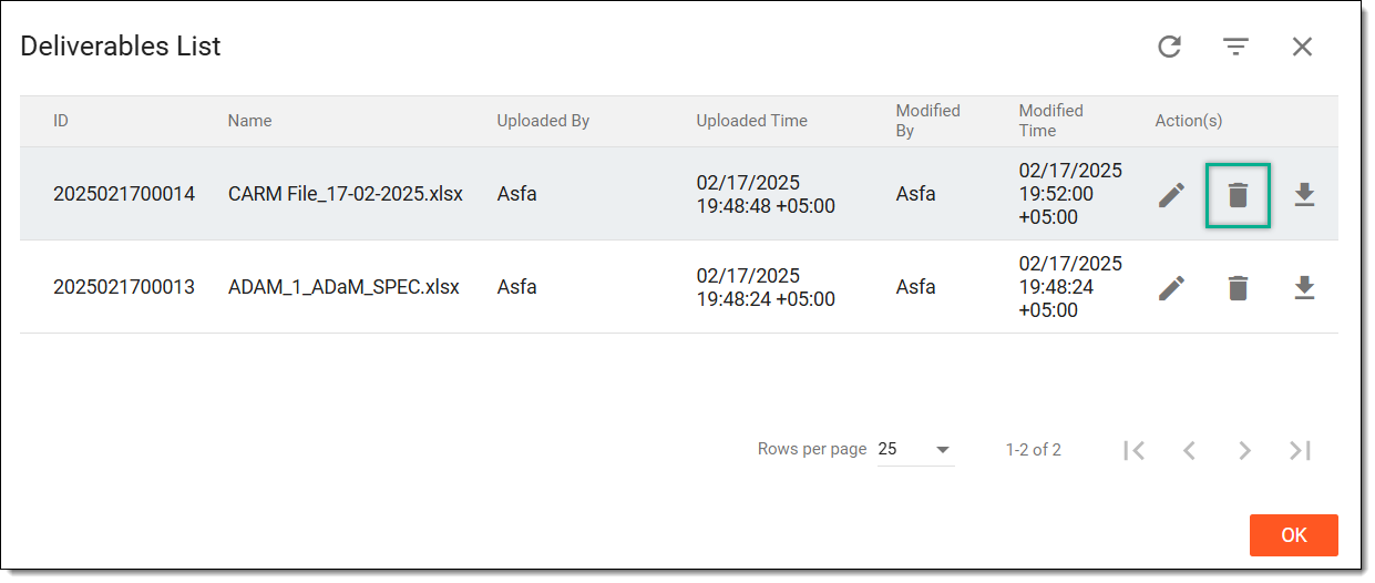 Selecting delete deliverable option