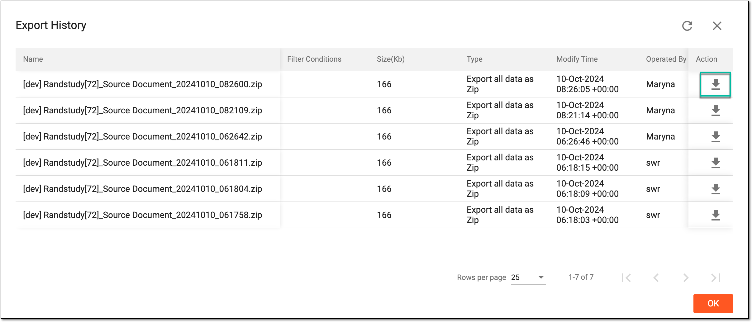 Downloading exported source document archive from history