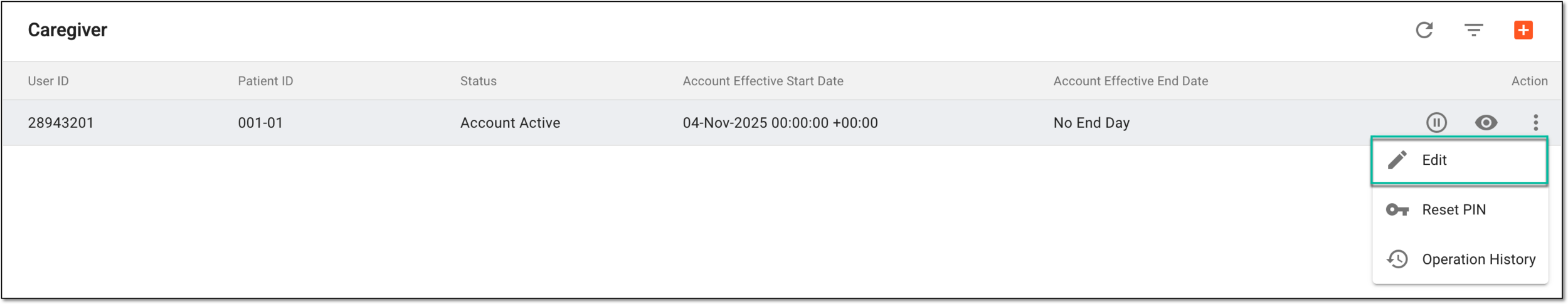 Selecting option to edit eDiary account for caregiver