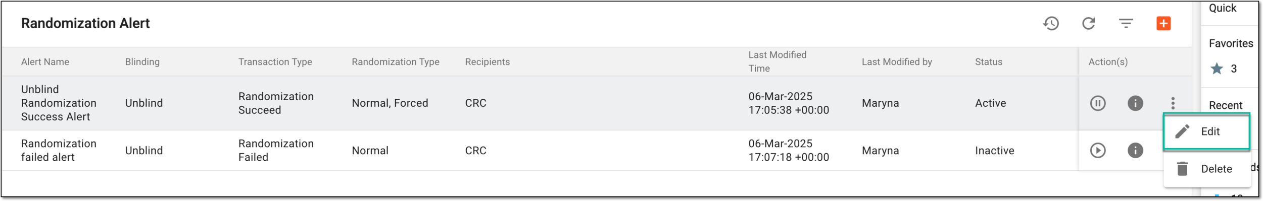 Selecting option to edit randomization alert