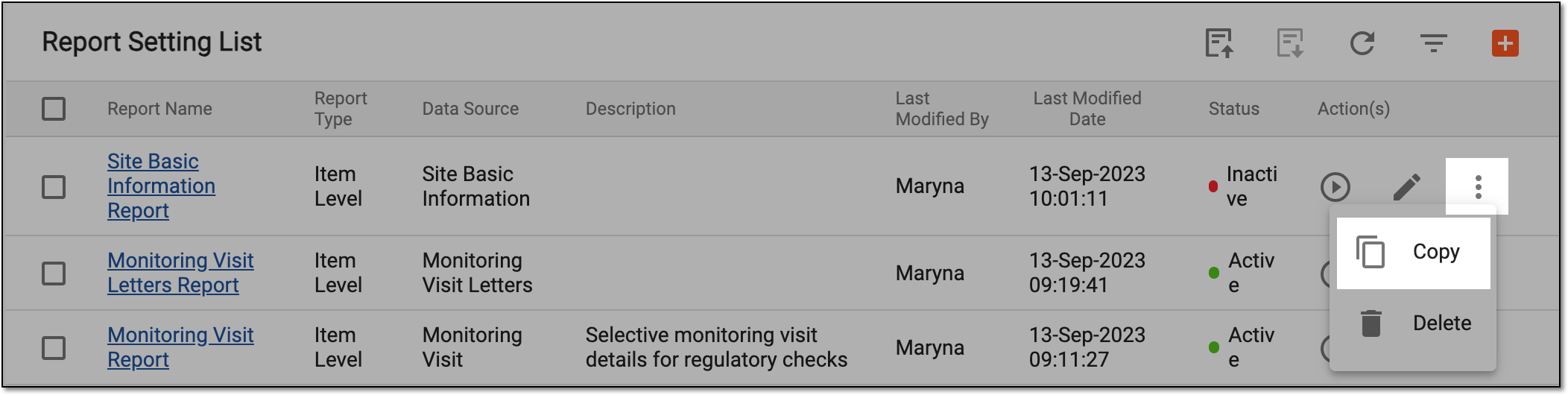 Selecting to copy report