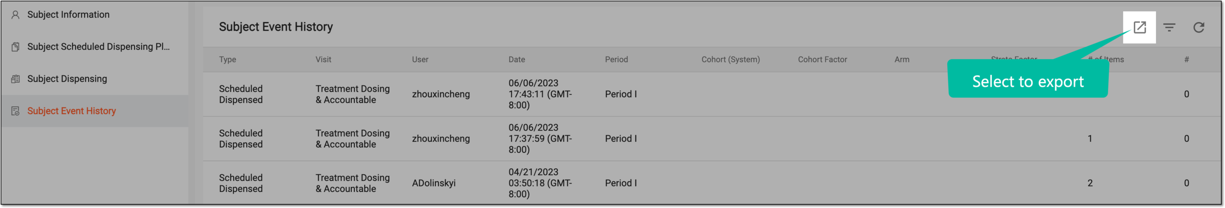 Exporting subject event history