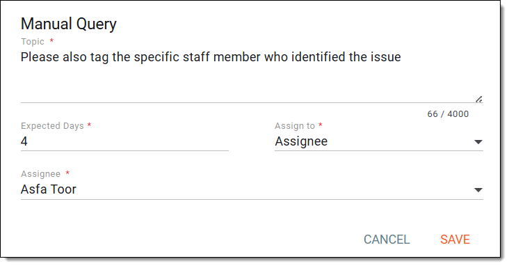 Entering query details for action item data