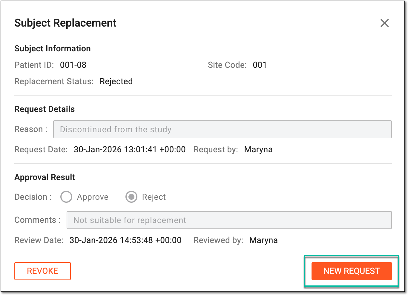 Reinitiating replacement request upon rejection