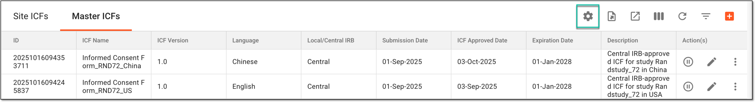 Accessing master ICF listing setting