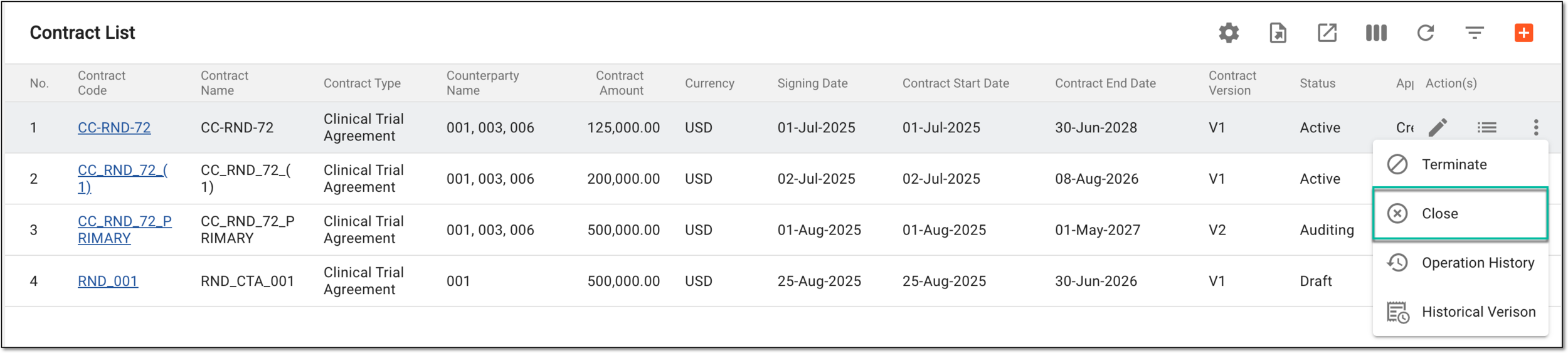 Selecting option to close contract