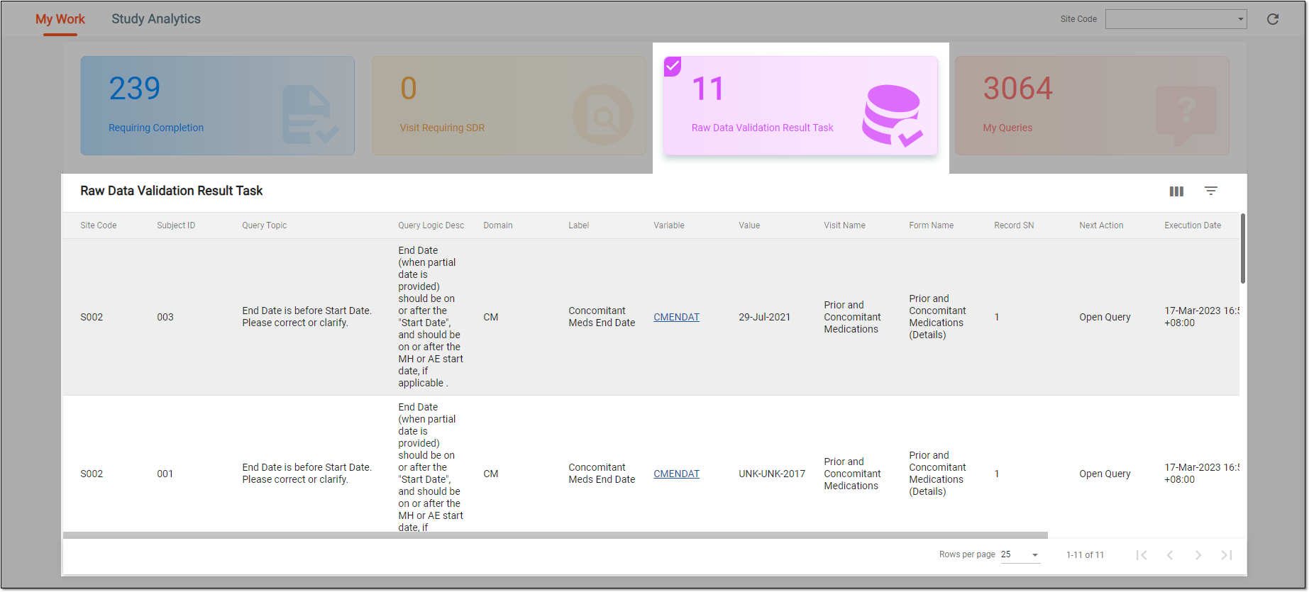 Accessing raw data validation result tasks