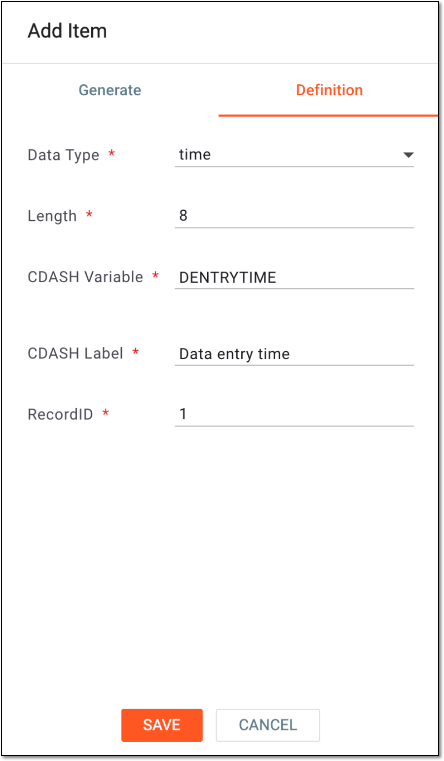 Specifying variable definition for time item