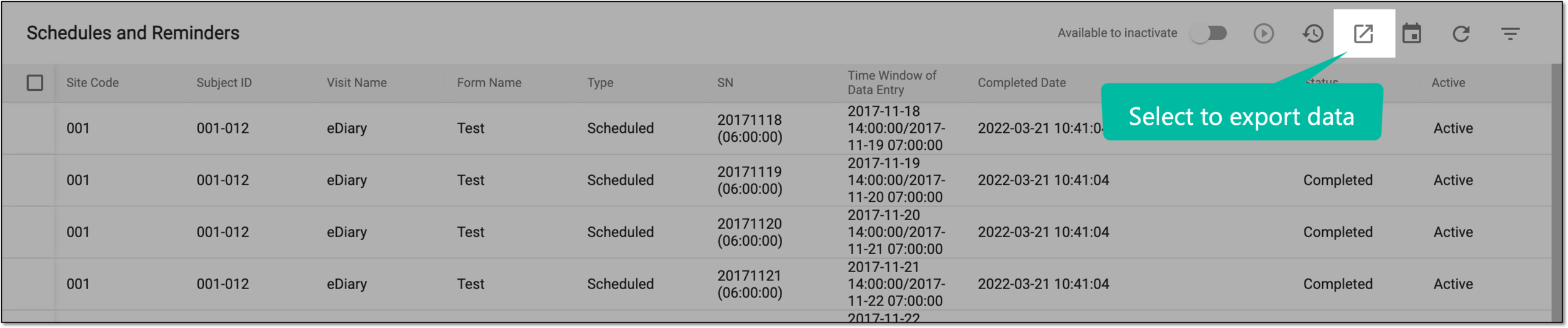 Exporting eDiary schedules and reminders data