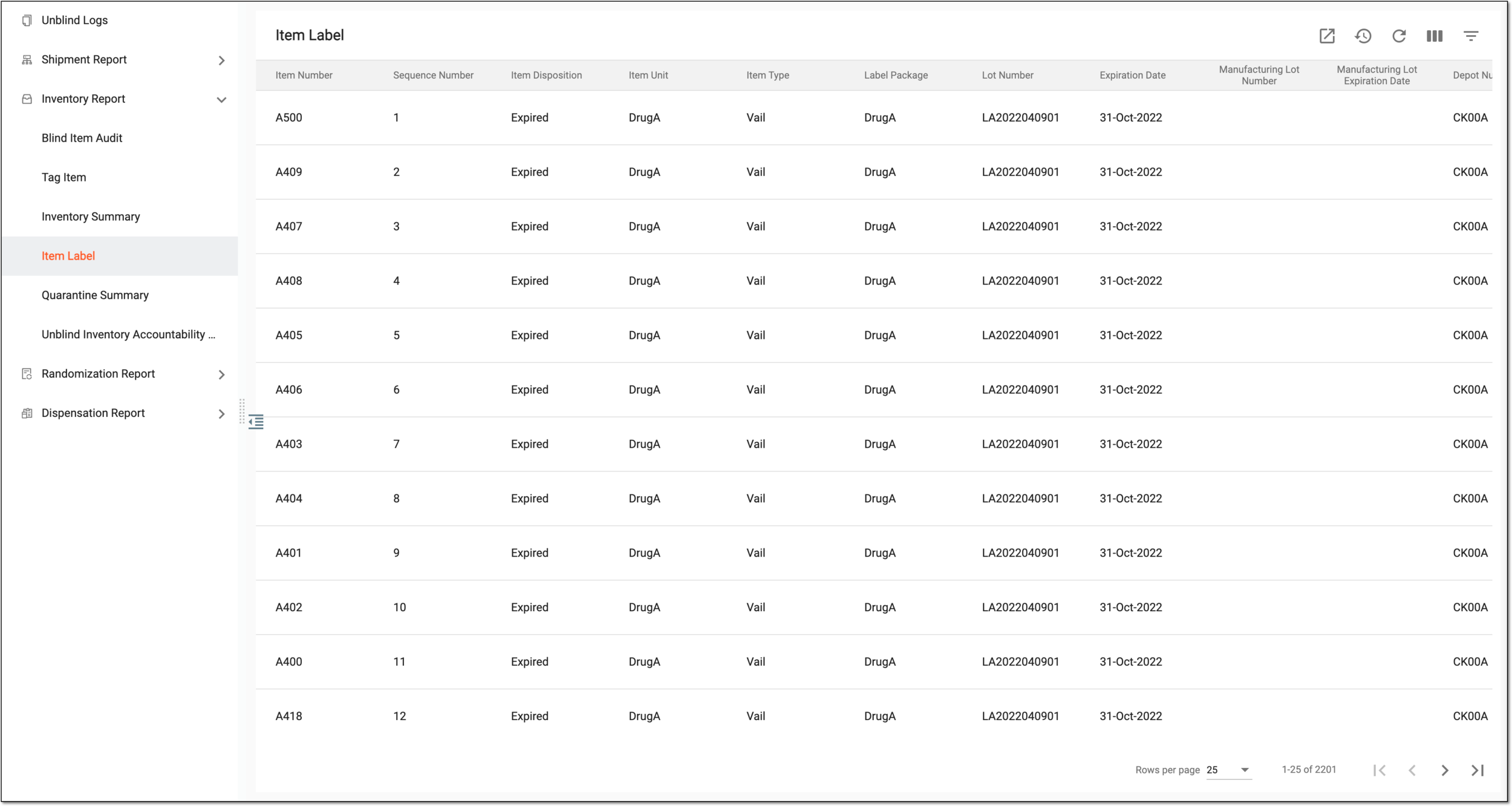 Viewing details of labels loaded