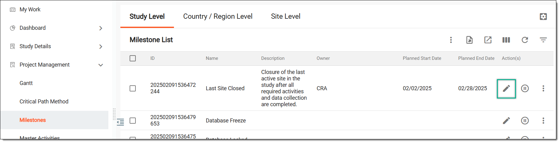Accessing option to edit milestone in study