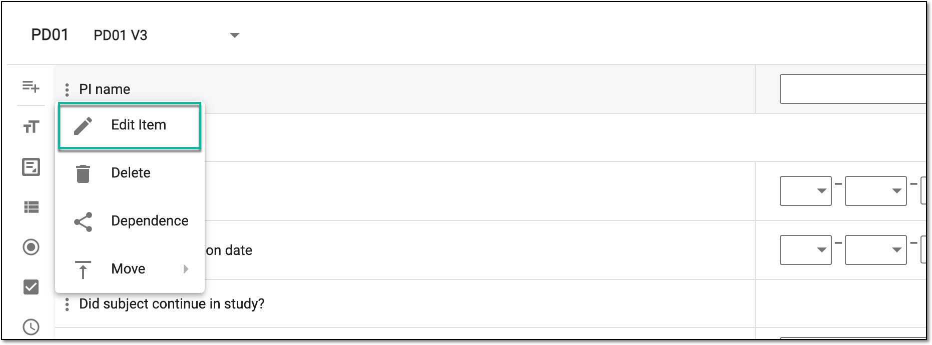 Selecting to edit question
