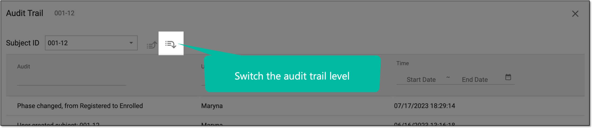 Switching from subject to visit audit trail