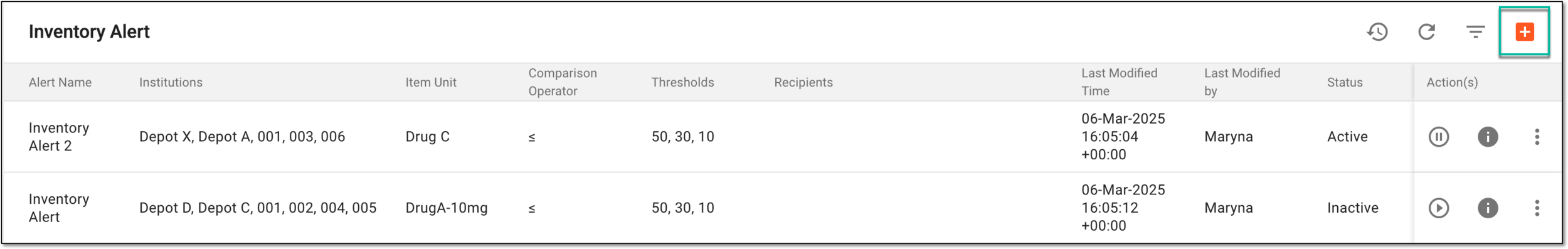 Selecting option to add inventory alert