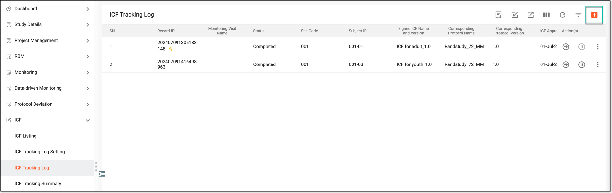 Adding new ICF tracking record