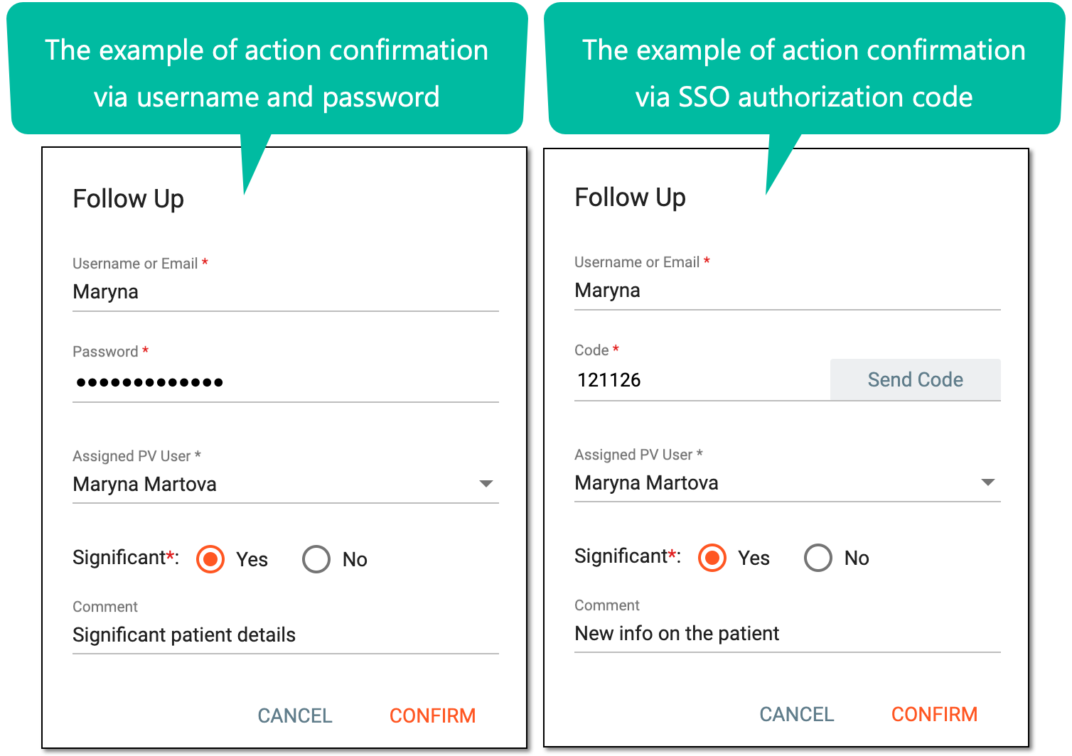 Confirming your action via SSO or user credentials