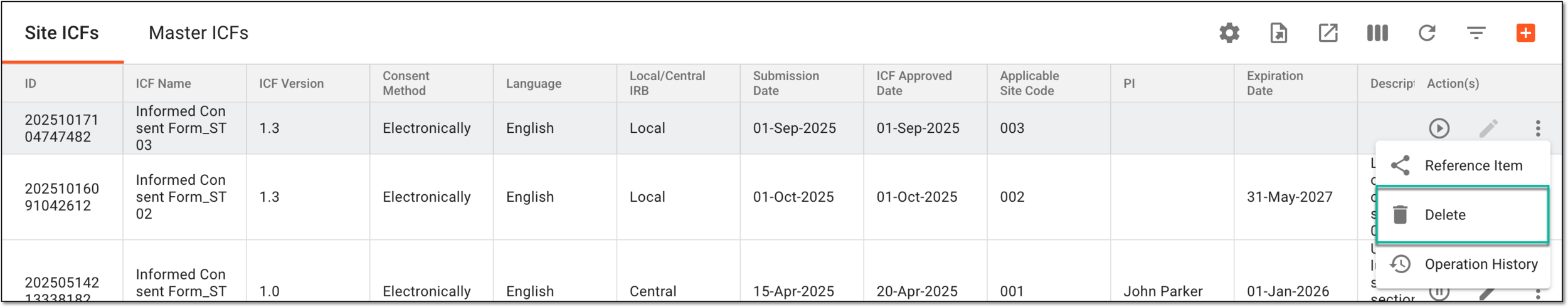 Deleting site ICF listing record