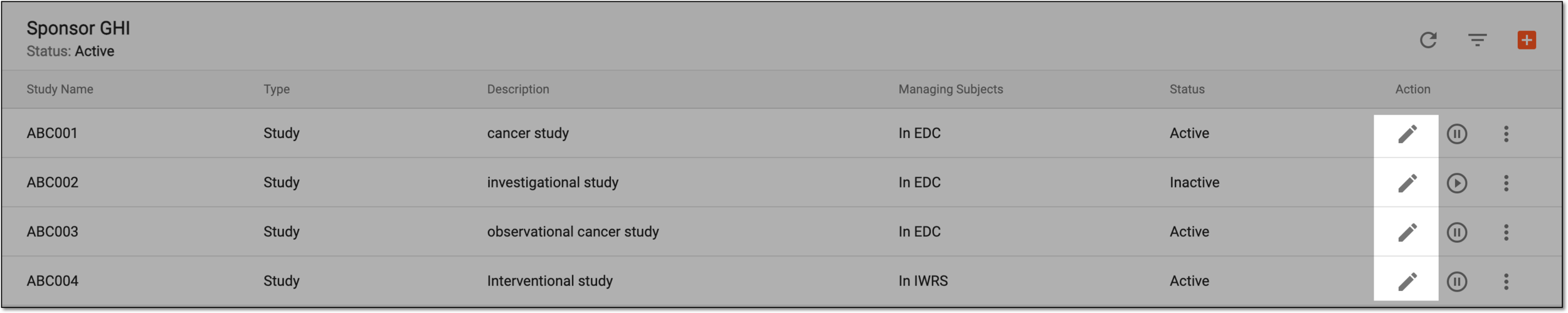 Selecting to update study