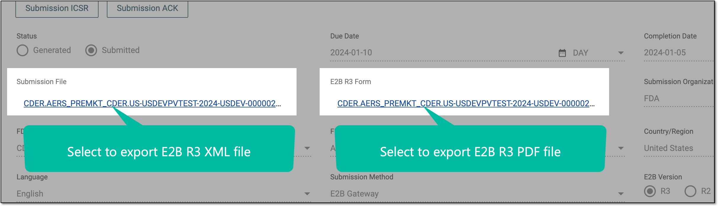Exporting XML/PDF E2B R3 submission file