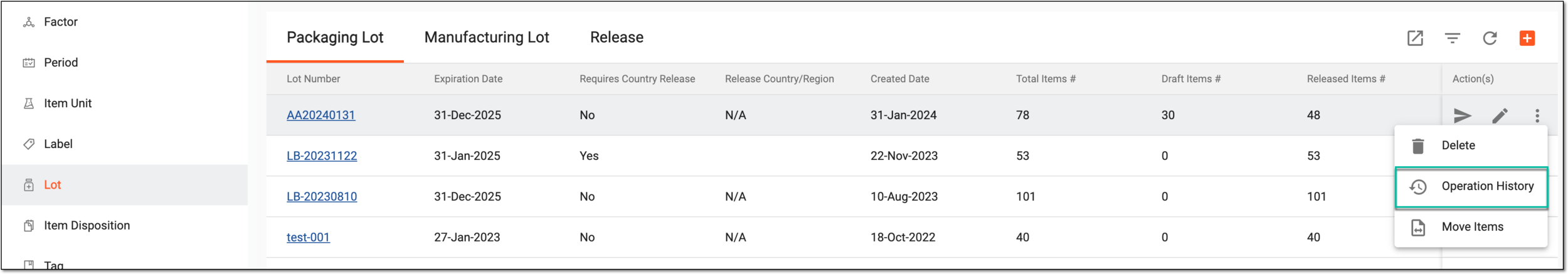 Accessing packaging lot operation history