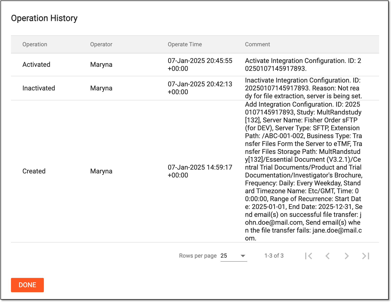 Reviewing integration operation history