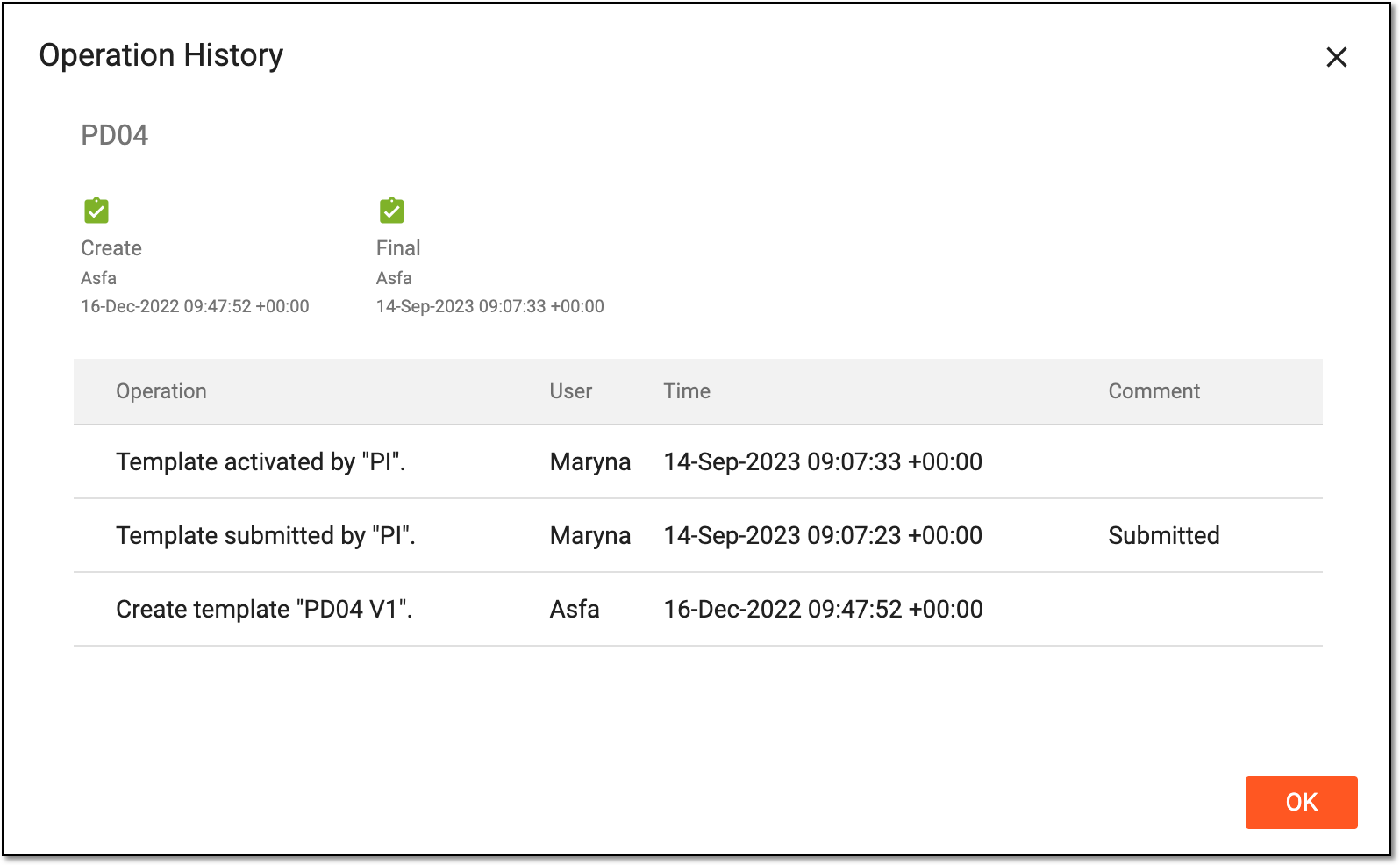 Viewing operation history of protocol deviation template