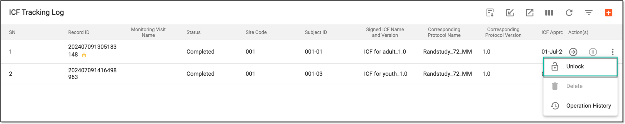 Unlocking ICF tracking log record