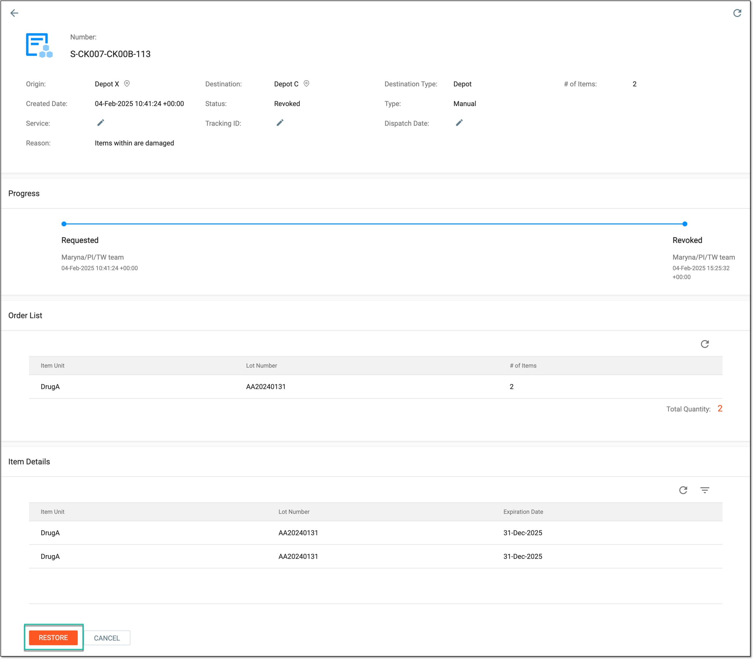 Restoring shipment