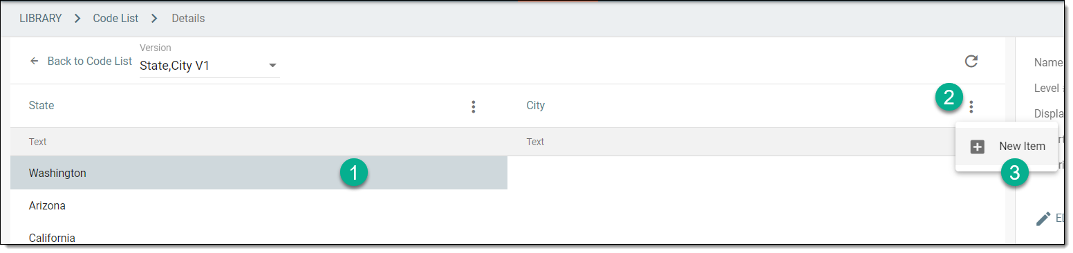 Selecting option to add data item at second level