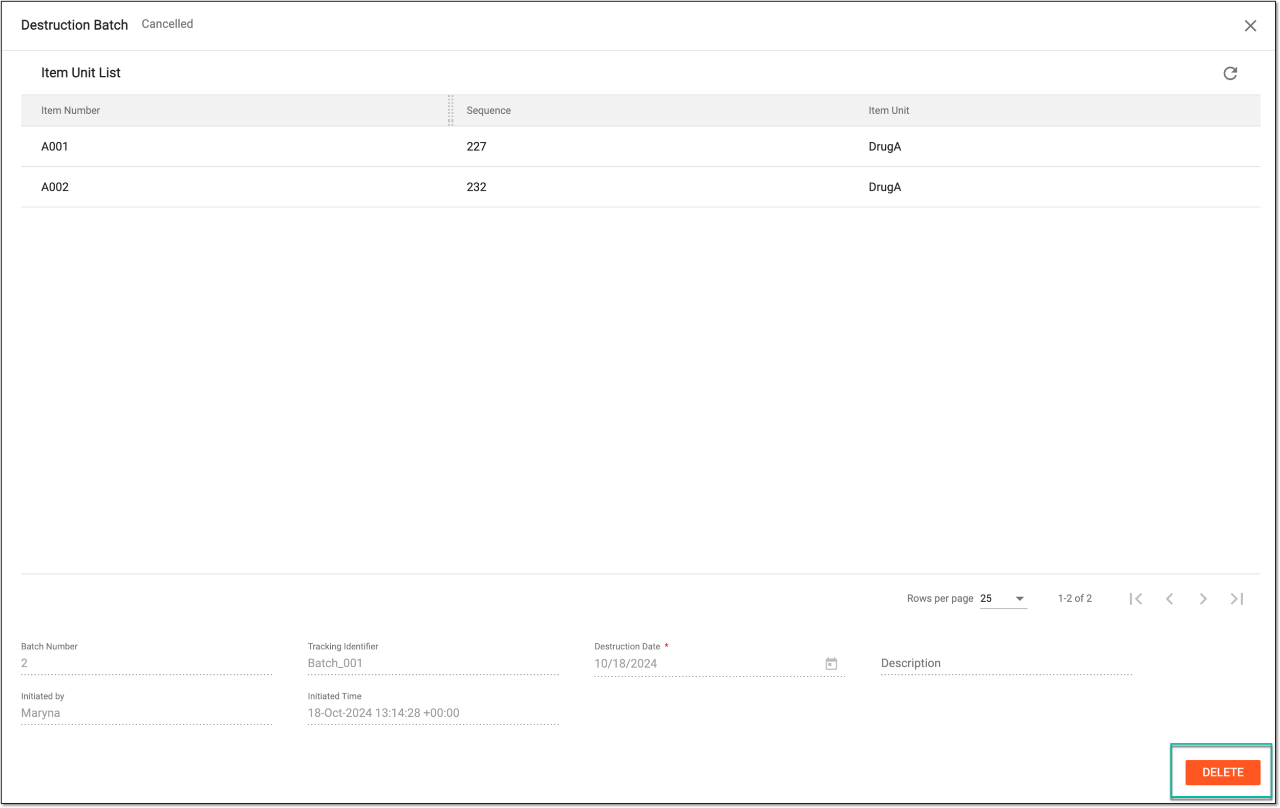 Deleting item destruction batch from details page