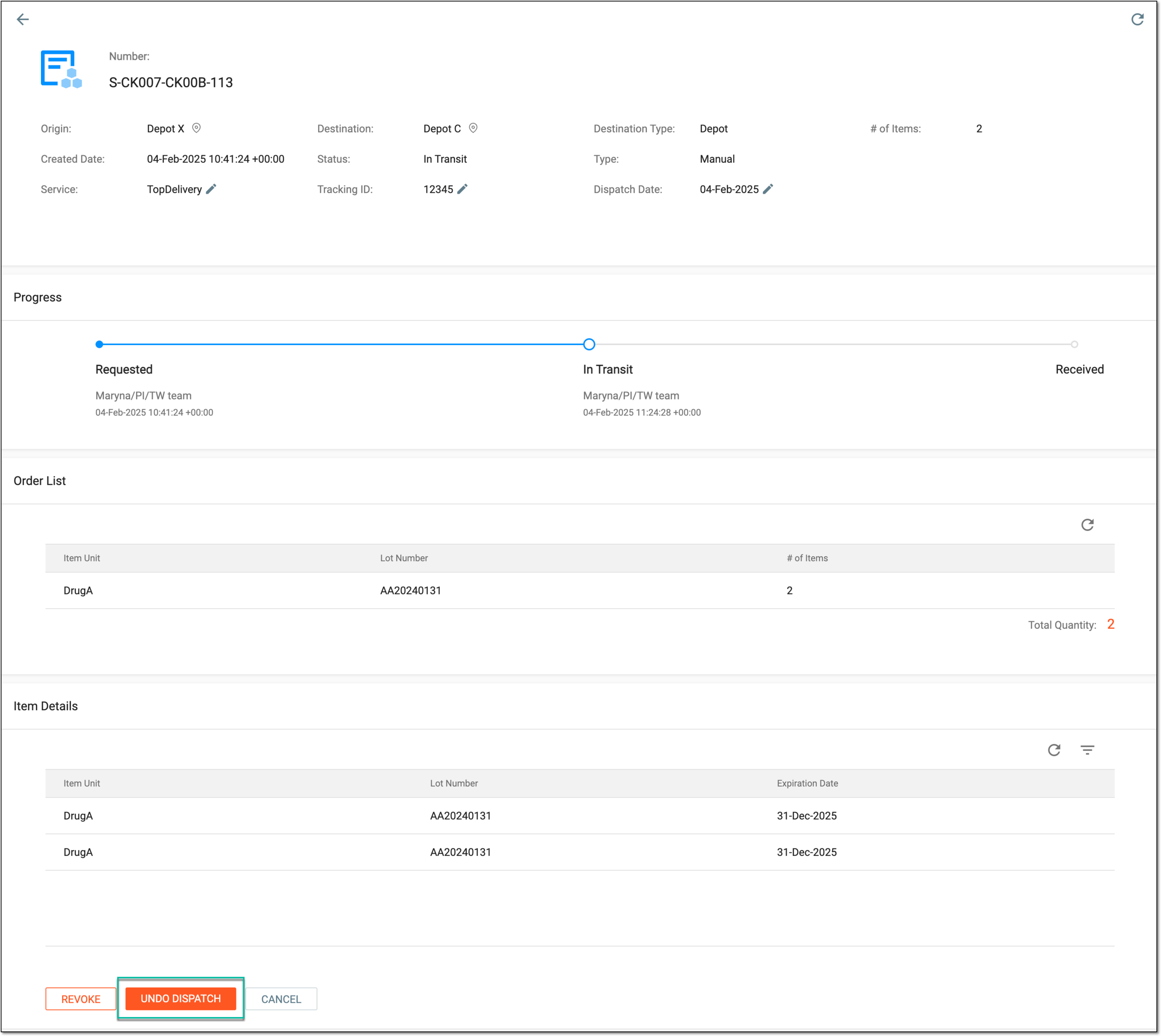 Example of undoing previous action with shipment