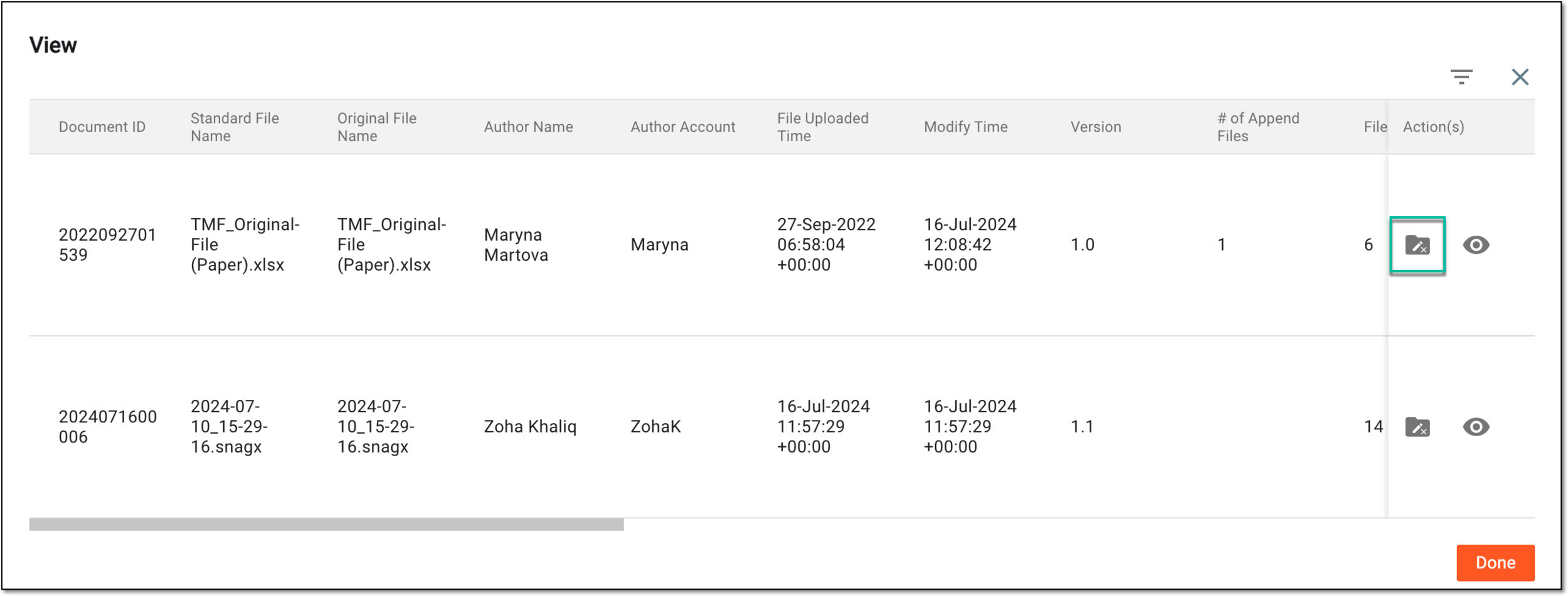Downloading appended file version from essential documents