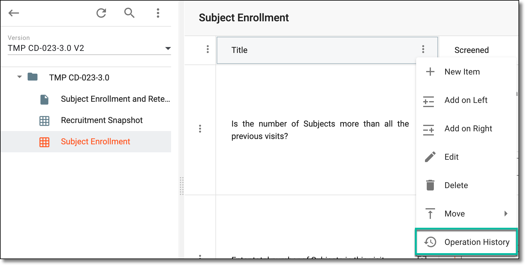 Accessing operation history of grid form column