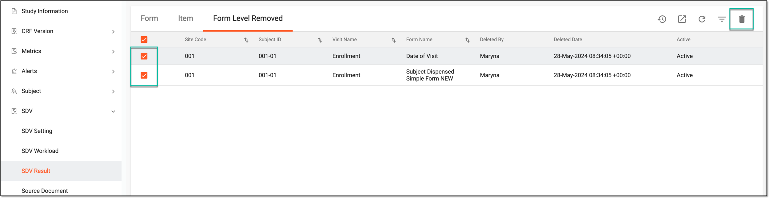 Deleting SDV result records