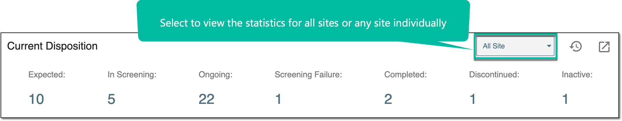 Selecting to view disposition statistics for all/individual sites