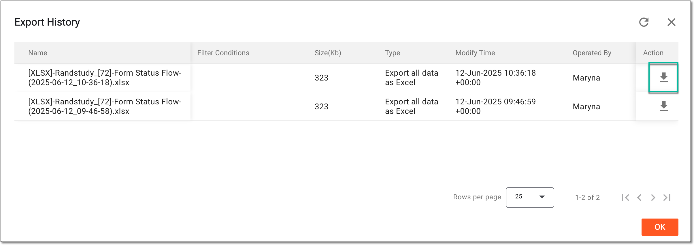 Downloading report from export history