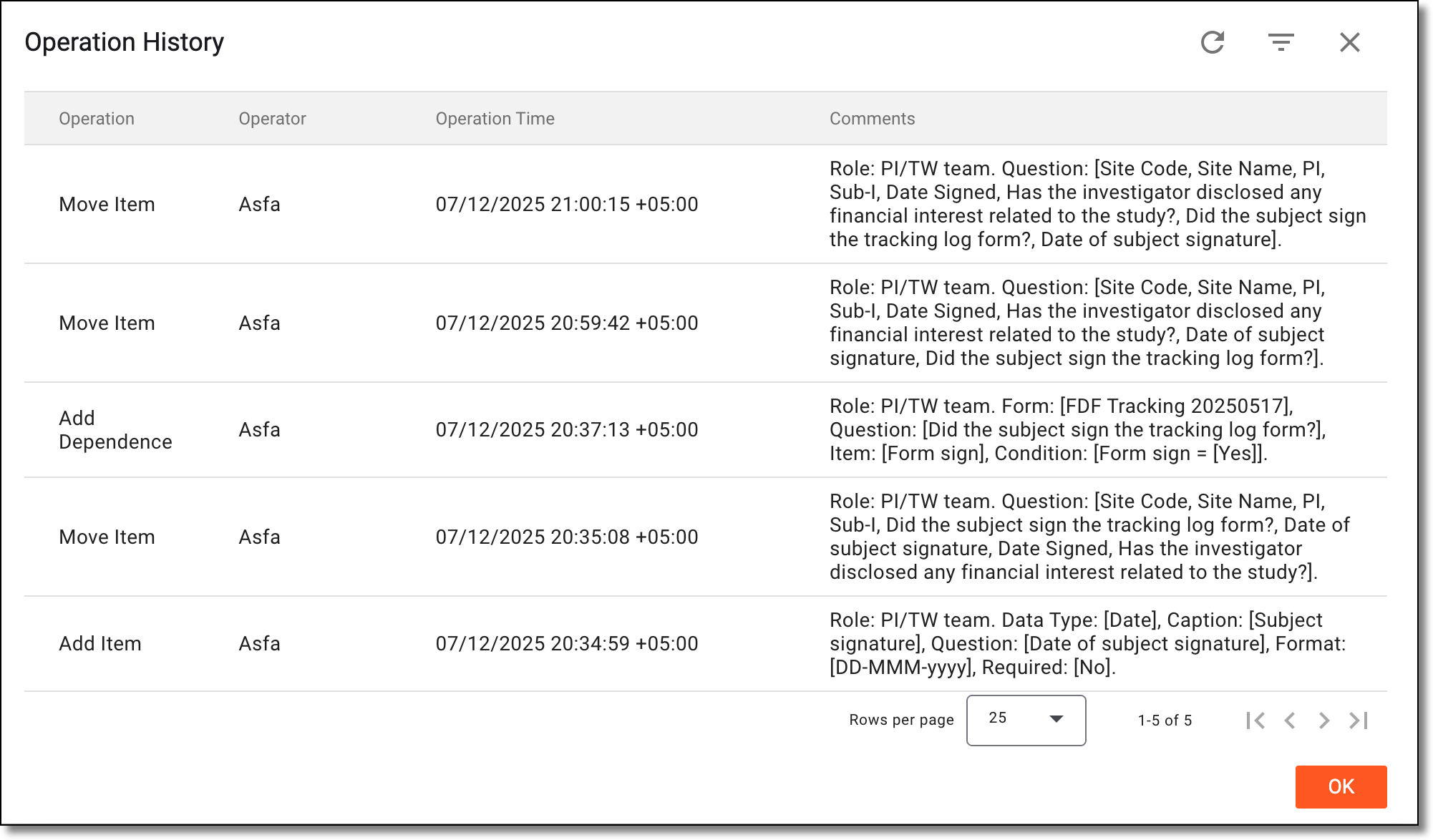 Analyzing operation history of question