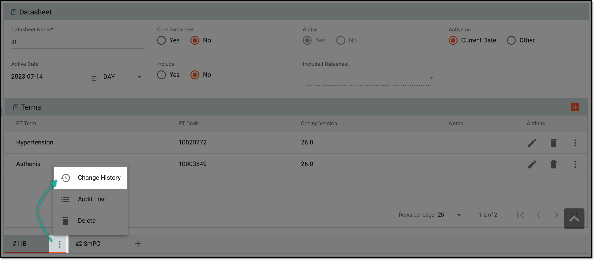 Accessing data sheet change history